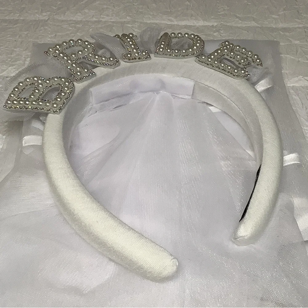 Pearl Embellished BRIDE headband with veil NEW
